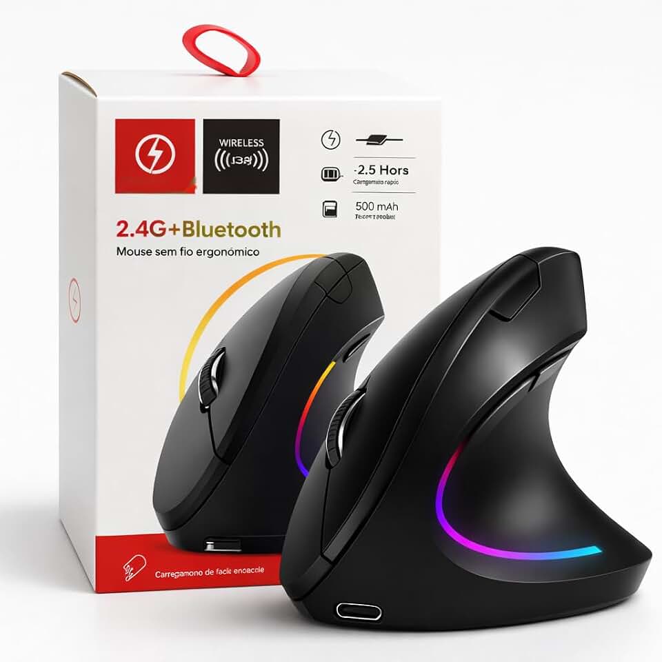 Mouse Sem Fio Ergonômico Vertical Silencioso Design Ortopédico Ergo Tech RGB - Reduz Dor no Pulso e Fadiga Compatível com Windows, Mac, Notebook, PC – Preto, DPI Ajustável