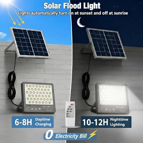 Image of XERGY 100W Solar LED Flood Light with Remote, 270 LEDs - IP67 Waterproof, Outdoor Security Light, Dusk-to-Dawn Sensor, 2000mAh Battery, Ideal for Garden, Home, Wall, Porch, Shed (Includes 5m Cable)