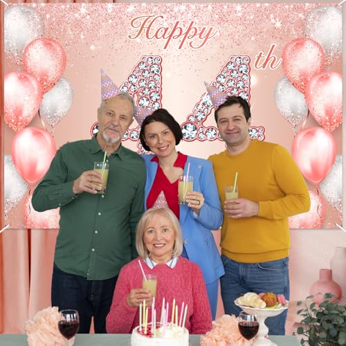 Image of Happy 44th Birthday Rose Gold Banner Cheers to 44 Years Old Backdrop Confetti Balloons Theme Decor for Women 44 Years Old Pink Birthday Party Decorations Bday Supplies Background Favors Gift Glitter