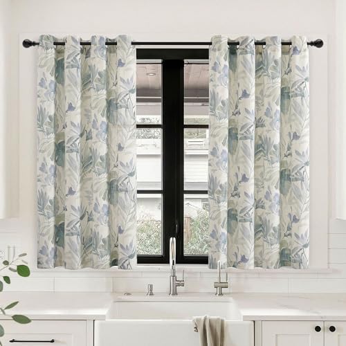 Image of MYSKY HOME Kitchen Curtains 54 inches Long Semi Sheer Light Filtering Curtains for Living Room,Drapes for Bathroom Window Treatment Grommet 2 Panels,Sage and Natural