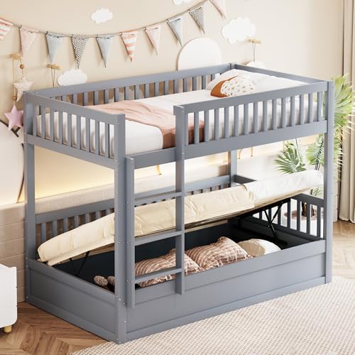 Merax Lit Superposé Enfant 90x200 cm, avec Système de Rangement Hydraulique, Lit Empilable pour Enfants, Gris (sans Matelas)