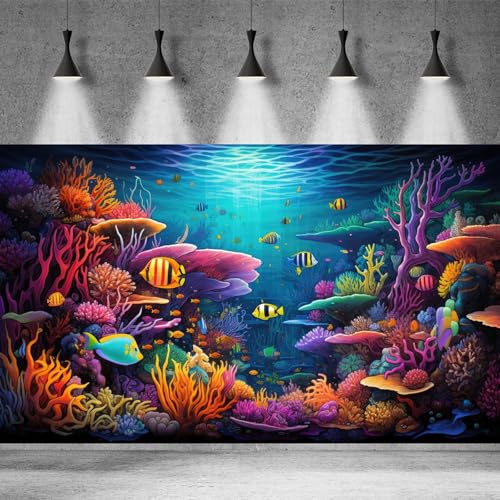 Image of Coral Reef Aquarium Background Underwater Tropical Fish Coral Reef Aquatic Plant Fish Tank Backdrop Underwater Colorful Corals Reefs Terrarium Background Tropical Life Wallpaper Poster Decor 60x24in