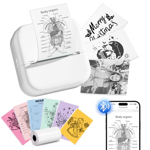 Memoking Mini Stampante Portatile - M02L Stampante Termica Portatile Bluetooth, Stampante Etichette Adesive con 1 Rotolo di Carta, Mini Stampante Termica per Foto, Appunti di Studio, Regalo (Bianco)