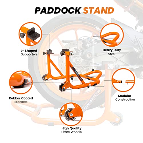 Grand Pitstop Universal Rear Paddock Stand for Motorcycle with Swingarm Rest (Dismantable with Skate Wheels, Orange, Motorcycle Weight Up to 450 Kgs)