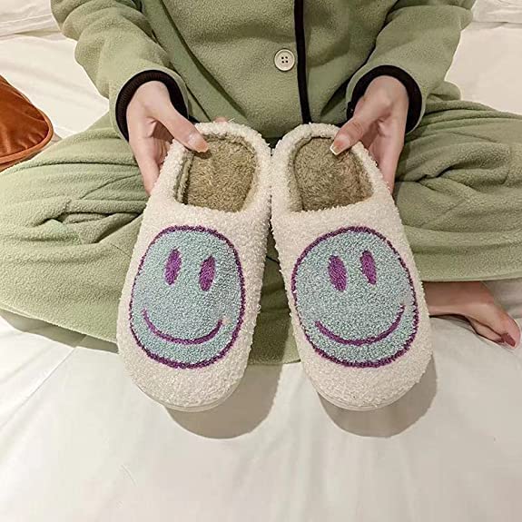 Image of Cute House Slippers for Women Men with Memory Foam Retro Happy Face Cozy Shoes