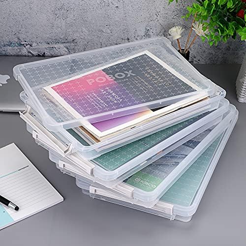 BSTKEY 4 Pack A4 Plus File Box Stationery Storage Case, Stackable Transparent Portable Project Case with Lid, 1 Deck Storage Bag Organizer