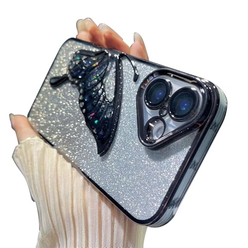 Image of mobistyle Designed for iPhone 16 Plus Cover with Glitter Cute Butterfly Electroplate Plating Design Back Cover Case for Women Teen Girls [ Silicone | Black ]