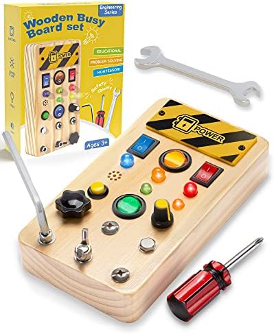 Pussan Busy Board, Wooden Montessori Toys for 3 Year Old Boy Birthday Gifts, Sensory Fidget Toy with Lights and Tools, Toddlers Toys for 3+ Year Old Boys Girls