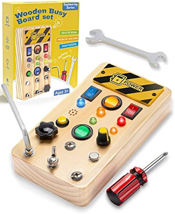 Pussan Busy Board, Wooden Montessori Toys for 3 Year Old Boy Birthday Gifts, Sensory Board with Lights and Tools, Toddlers Toys for 3+ Year Old Boys