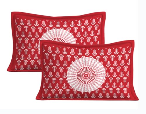 Image of JAIPUR PRINTS 100% Cotton Rajasthani Jaipuri Traditional Floral King Size Double Bedsheet with 2 Pillow Covers - Multicolor, 180-200 tc, Red