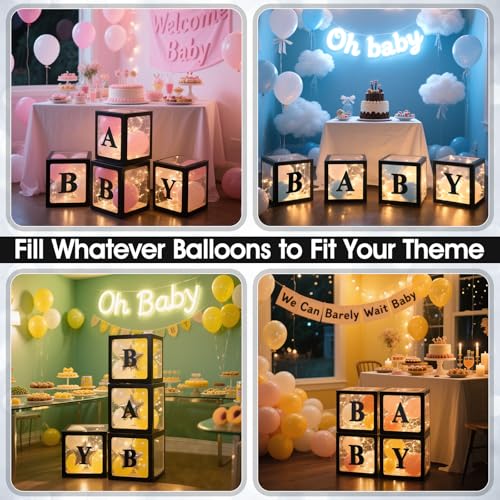 Image of Ledido Baby Boxes with Letters for Baby Shower Decorations, 4 pcs Clear Baby Balloon Boxes Blocks Decor with LED Fairy String Lights for Boy Girl Gender Reveal Decorations Backdrop Party (Black)