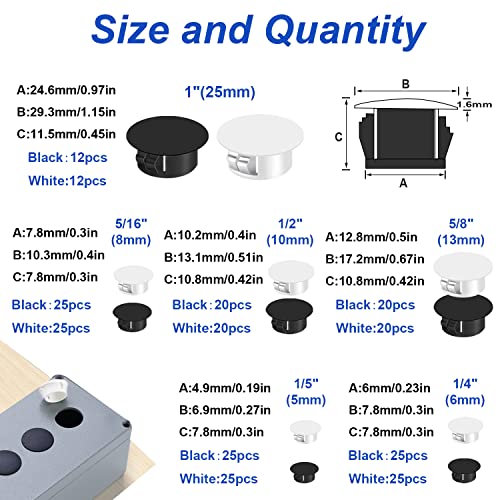 Image of Tnisesm 254Pcs 6 Sizes Nylon Plastic Hole Plug Kits 1 /5 inch 1 /4 inch 5 /16 inch 3 /8 inch 1 /2 inch 1 inch Round Drill Hole, Flush Type Panel Knockout Locking Plugs, Black Screw Covers for Furniture Cabinet Insert End Caps