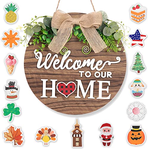 Wooden Seasonal Welcome Sign For Front Door, Interchangeable Holiday Welcome To Our Home Hanging Door Sign For Front Porch 16 Holiday Icons Farmhouse Outdoor Housewarming Gifts Christmas Door Decor