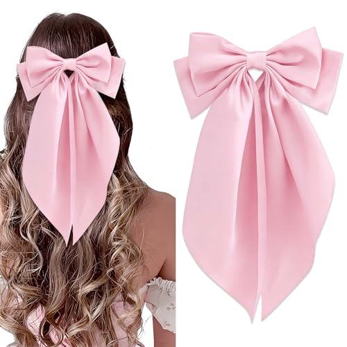 STGDAK Hair Bow Clips Pink Big Easter Bow For Hair Long Ribbon Elegant Bowknot Hairpins Satin Girls Bows Barrette Party Prom Date Cute Easter Basket Stuffers For Girls Gifts
