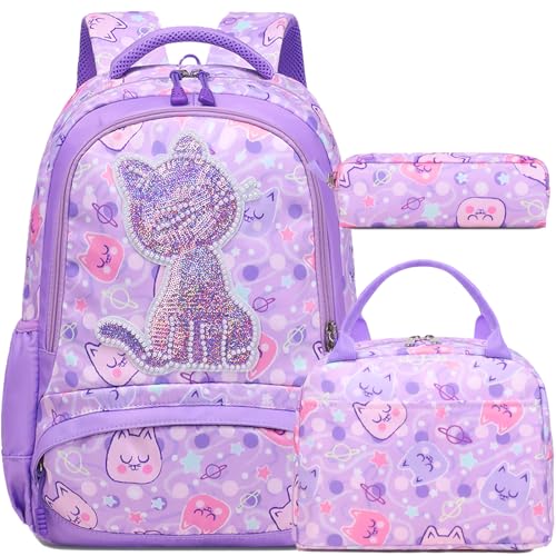 Jumpopack Cat Backpacks for Girl School Backpack for Girls Elementary Girls Backpack with Lunch Box Back to School Bag Bookbag (Sequin Cat - image 1