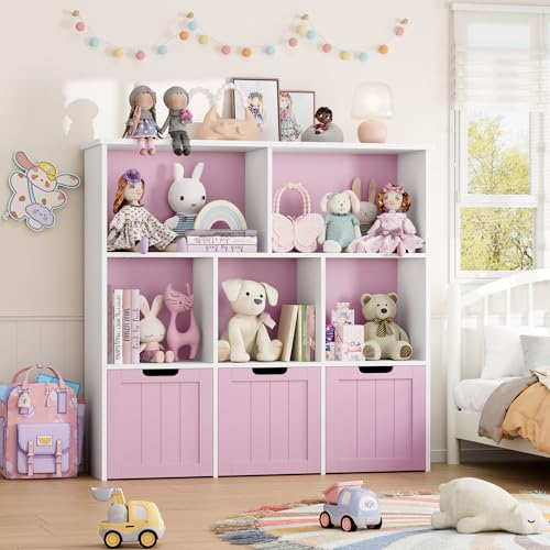 Image of FOTOSOK Toy Storage Organizer with 3 Movable Drawers, Floor Storage Cabinet Toy Chest with Hidden Wheels and 5 Storage Cubbies, Multifunctional Storage Chest for Living Room, Home Office, Pink