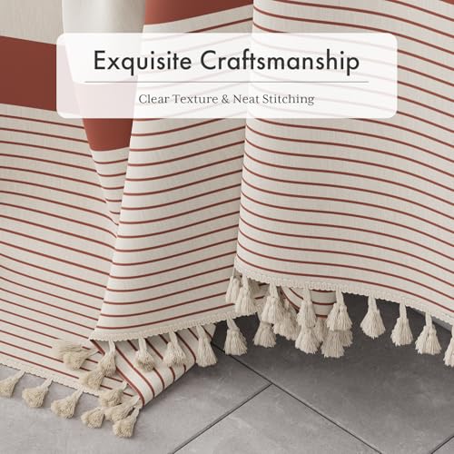 Image of AmazerBath Boho Shower Curtain, Modern Farmhouse Shower Curtain Set with Tassels, Rustic Faux Linen Red Striped Shower Curtain with Hooks, Light Tan Toned, 72x72 Inches