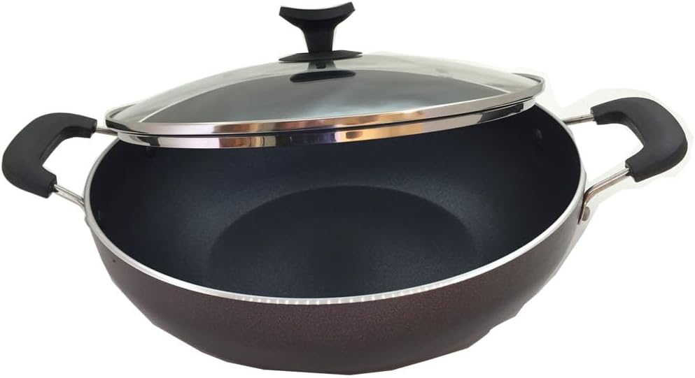 DBY Kadai indian Cooking Non-Stick Induction Base Kadhai with Glass Lid Deep Frying Cookware All Purpose Pan Stir Fry Skillet Wok Multipurpose Aluminium Karahi 2.2 Ltr Pan Diameter 9 Inch