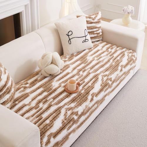 Image of HOMETHREADS 600GSM Thick & Soft Rabbit Fur Plush Sofa Cover-Luxurious Cozy Slipcover, Washable & Pet-Friendly, Anti-Scratch Protector for Sofas (Faux Linning White Brown, 1 Seater Large| 90x70cm)