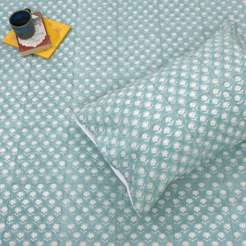 Image of TOAI Hand Block Printed Bedsheet | Bed Spread Flatsheet BedSheet | Pure Cotton | Queen Size 90 inchx108 inch | 300 TC Long Staple Cotton | 2 Reversible Pillow Covers |Cool Summer