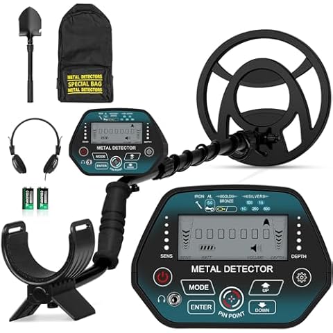 EQUEEN Metal Detector with 8 Levels Sensitivity, Beach Metal Detector with 3 Modes, Adjustable Gold Detector with 10" IP68 Coil, Gold Detector Professional with LCD Display, Green Cover