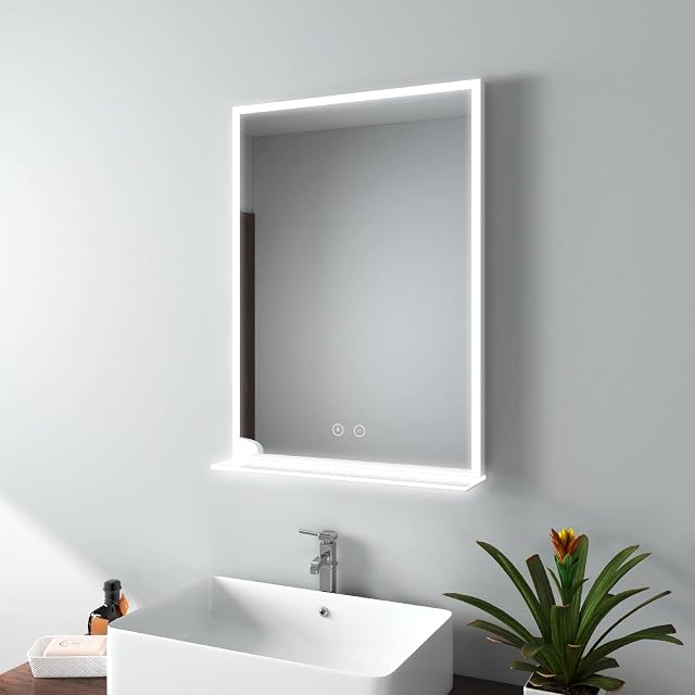 EMKE Bathroom Mirror with Shelf, 500x700mm Bathroom Wall Shaving Mirrors with LED Lights | Demister Pad, Bathroom Hanging Vanity Mirror with Storage