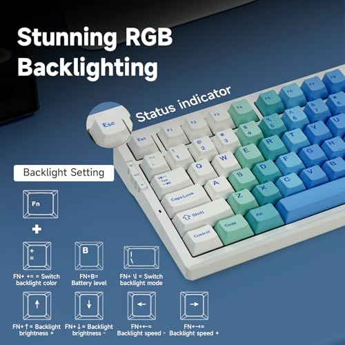 Image of MCHOSE G75 PRO 75% Wireless Mechanical Keyboard, TKL Keyboards Tri-Mode BT5.0 /2.4GHz /USB-C, Hot Swap Custom Creamy Keyboards Linear Switch, Double Shot PBT Keycaps RGB LED Backlit, White&Blue