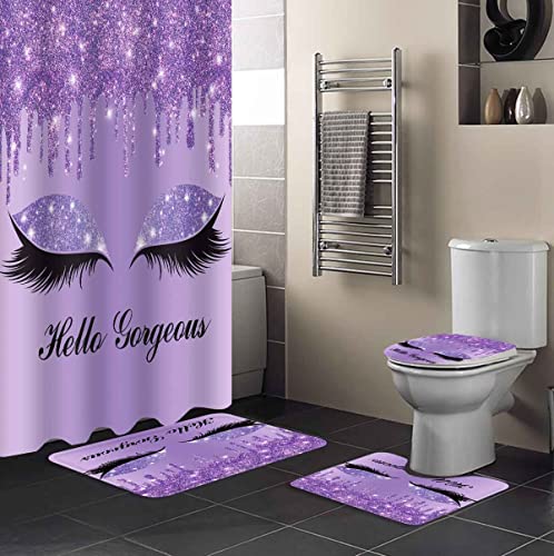 Purple Unicorn Eyelash Shower Curtain Set, 4Pcs Bathroom Sets With Violet Twinkle Drips (Not Glitter) Shower Curtain, Bath Mat, Toilet Lid Cover And U Shaped Rugs, Bathtub Curtain With Hooks Setlssd46 #TOP5