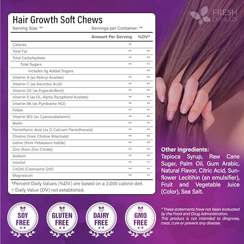 Image of FreshDrinkUS, Premium Hair Growth Soft Chews | 90 Count | Daily Beauty - Delicious Chewable Formula for Everyday Hair Routine - Non-GMO, Gluten Free, Dairy Free