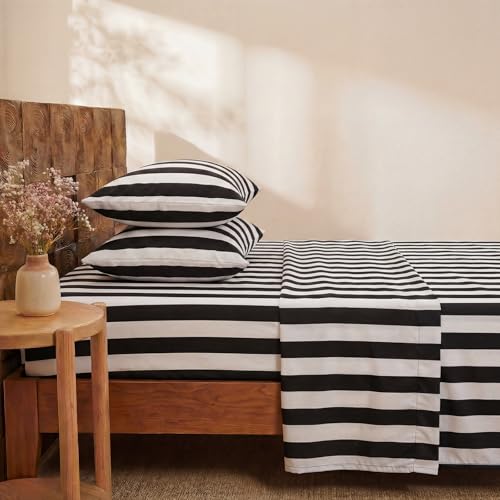 Image of Merryword 100% Cotton Sheet Set Full Size - Black and White Stripes Bedding, Soft Breathable Percale Weave, Wide Stripe Deep Pocket Sheet 17.5 inch, Luxury Linen Like, 4-Piece All Season Bedding