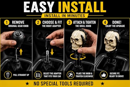 Image of SUKICHI Skull Design Car Gear Knob | Universal Manual Gear Shift Knob for Cars | Skull Shifter Stick | Premium Interior Styling Accessory | Includes Adapters (Skull, Black & Ivory)