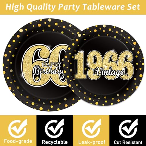 Image of 96PCS 60th Theme Birthday Party Tableware Vintage 1966 Party Supplies 60 Year Old Birthday Party Decorations Plates Napkins Forks Black and Gold Dinnerware Favors for Men or Women