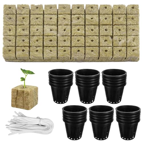 SKIKHN 110 Pièces Kit Hydroponique, 30 Pots en Filet de 5 cm, 50 Tapis de Propagation en Laine de Roche, 30 Mèches Auto-Arrosantes, pour Bouturage et Culture Hors-Sol