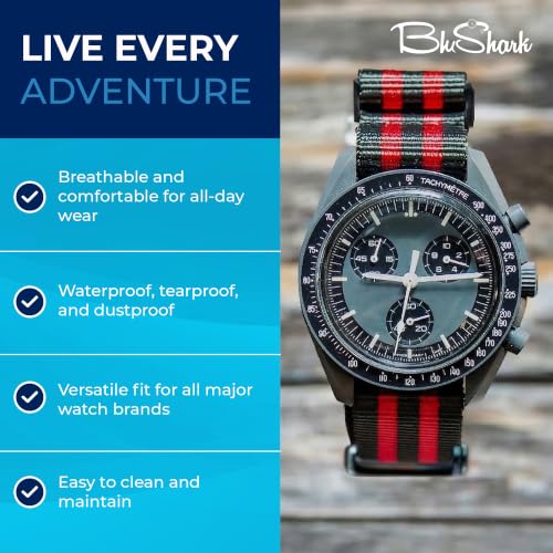 Image of BluShark - Original Collection Military-Style Waterproof Watch Strap, Fits All Timepiece Brands, Durable Nylon Wristwatch Accessories with Stainless Steel Buckle - 18mm, 20mm, 22mm & 24mm Watch Bands