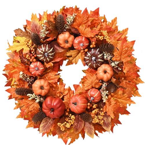 Alishomtll Herbstkranz Deko für Haustür Wand Tisch Fenster 50 cm Herbst Dekoration mit Künstliche Kürbis Ahorn Beere Tannenzapfen Türkränze für Halloween Thanksgiving Holiday Dekoration (Orange)