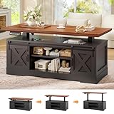 SEDETA Lift Top Coffee Table, Rectangle Coffee Table with Storage and Barn Door, Smart Height Adjustable Coffee Table with Power Outlet for Living Room, Black