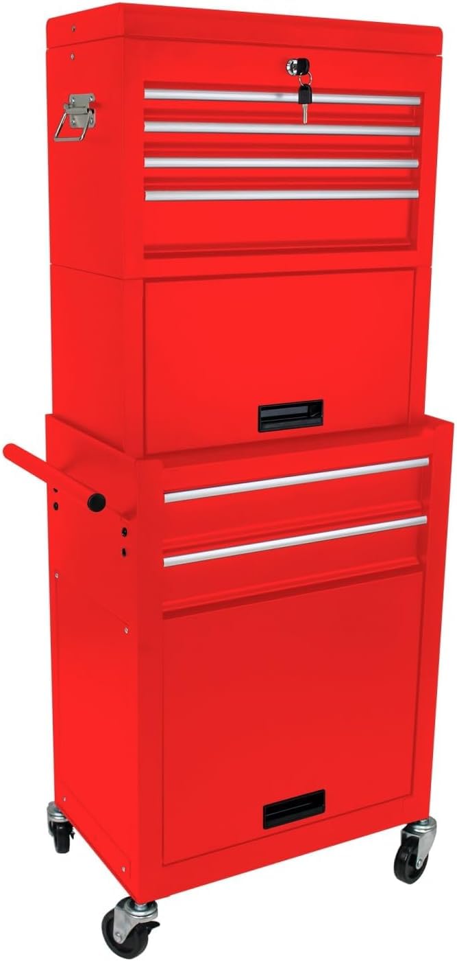 GDWELL Rolling Tool Chest, 3-in-1 Large Capacity Tool Storage Cabinet, Detachable Tool Trolley with 6 Drawers, Equipped with Safety Locking System for Garages, Warehouses, and Workshops (Red)