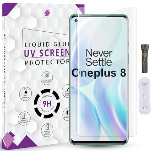 Image of Advanced HD+ UV Tempered Glass Screen Protector For Oneplus 8 (6.55 Inch, Pack of 1) Full Adhesive UV Curved Screen Guard, Case Friendly with installation kit & Guide