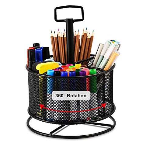 Marbrasse Mesh Desk Organizer, 360-Degree Rotating Multi-Functional Pen Holder, 4 Compartments Desktop Stationary Organizer, Home Office Art Supply Storage Box Caddy (Black) Cover