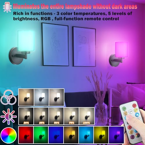 Image of Nekhung Battery Operated Wall Sconce Set of 2, Wireless Wall Sconce with Remote,10000mAh Rechargeable RGB Dimmable Bathroom Light Fixtures with Double Clear Glass Shade NOT Hardwired