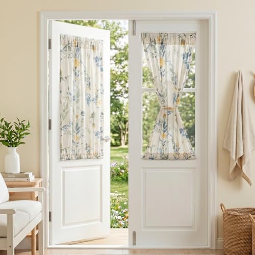 Image of MYSKY HOME Floral Linen Door Curtains Blue Farmhouse Semi Sheer 2 Panels