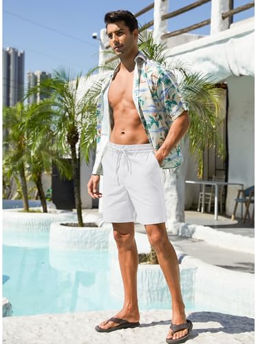 Image of RQP Mens Cotton Linen Shorts Casual Drawstring 7inch Inseam Shorts Stretch Summer Beach Wear