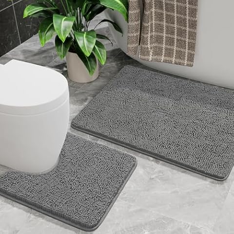 AROGAN Bathroom Rug Sets 2 Piece, 20"x20" U-Shaped Toilet Mat and 21"×34" Bath Mats Bathroom Floor Set, Machine Washable Bath Rug Set, Absorbent and Dry Quickly, Soft Non Slip Bathroom Rug Set, Grey Cover