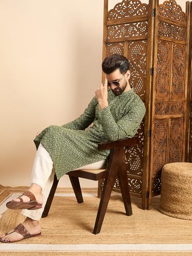 Image of Amazon Brand - Tavasya Men Rayon Geometric Embroidered Mandarin Collar Straight Kurta