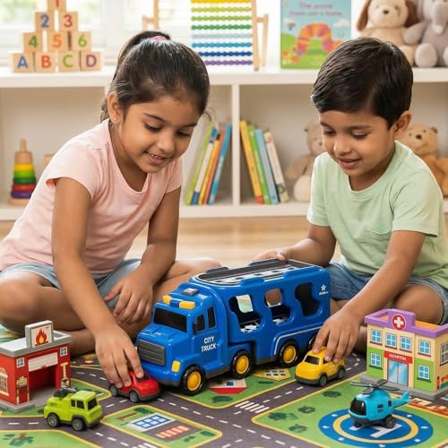 Image of City Truck Toy - Friction Powered Educational Vehicle - Transport Carrier with Mini Toy Cars & Music - Toy Set for Kids 3+ Years for Boys & Girls - Blue