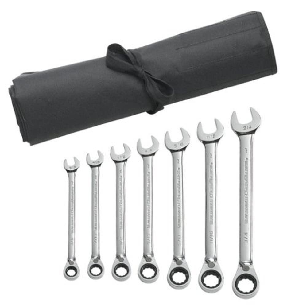 GearWrench 7 Pc. 12 Point Reversible Ratcheting Combination SAE Wrench Set including Tool Roll - 9567RN, Black