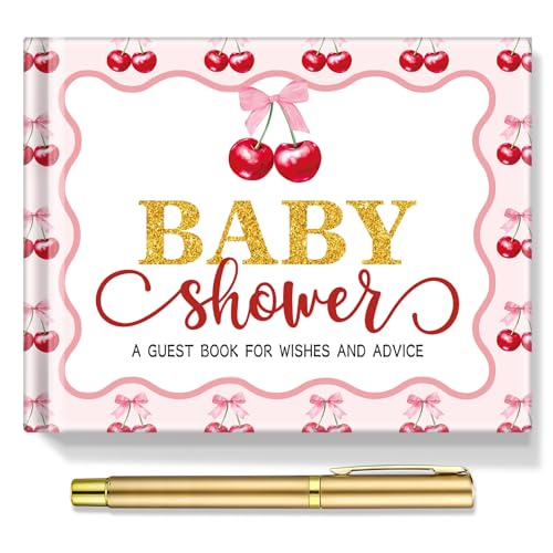 Image of Fuyoooo 27 Pcs Cherry Baby Shower Guest Book Set Baby Shower Sign in Guest Book Place Table Cards with Gold Pen Adhesive Photo Corner for Birthday Party