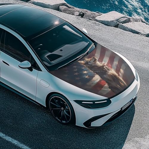 Image of American Flag Wolf Car Hood Cover All Weather Automotive Exterior Accessories Universal Fit Hood Covers for Cars, Trucks, SUV, or Van Full Coverage with Elastic Band