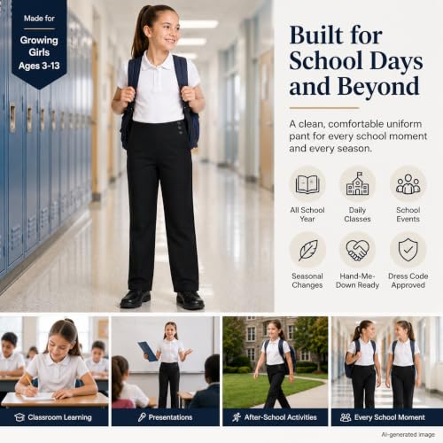 Image of Bienzoe Girls School Uniform Pant: Kids Adjustable Waist Durable Straight Leg Dress Trouser