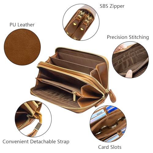 Womens Leather Wallets, Wallet for Women, Clutch RFID Blocking Leather Wristlet Purse Large Capacity Credit Card Holder with Grip Hand Strap (Brown)3